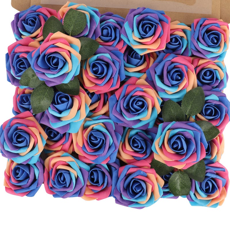 MACTING Artificial Flower Roses 30PCS Real Touch Fake Flowers with Stem Rainbow Foam Rose for DIY Wedding Bridal Bouquets Table Centerpieces Party Baby Shower Home Spring Mothers Day Decorations - Image 1